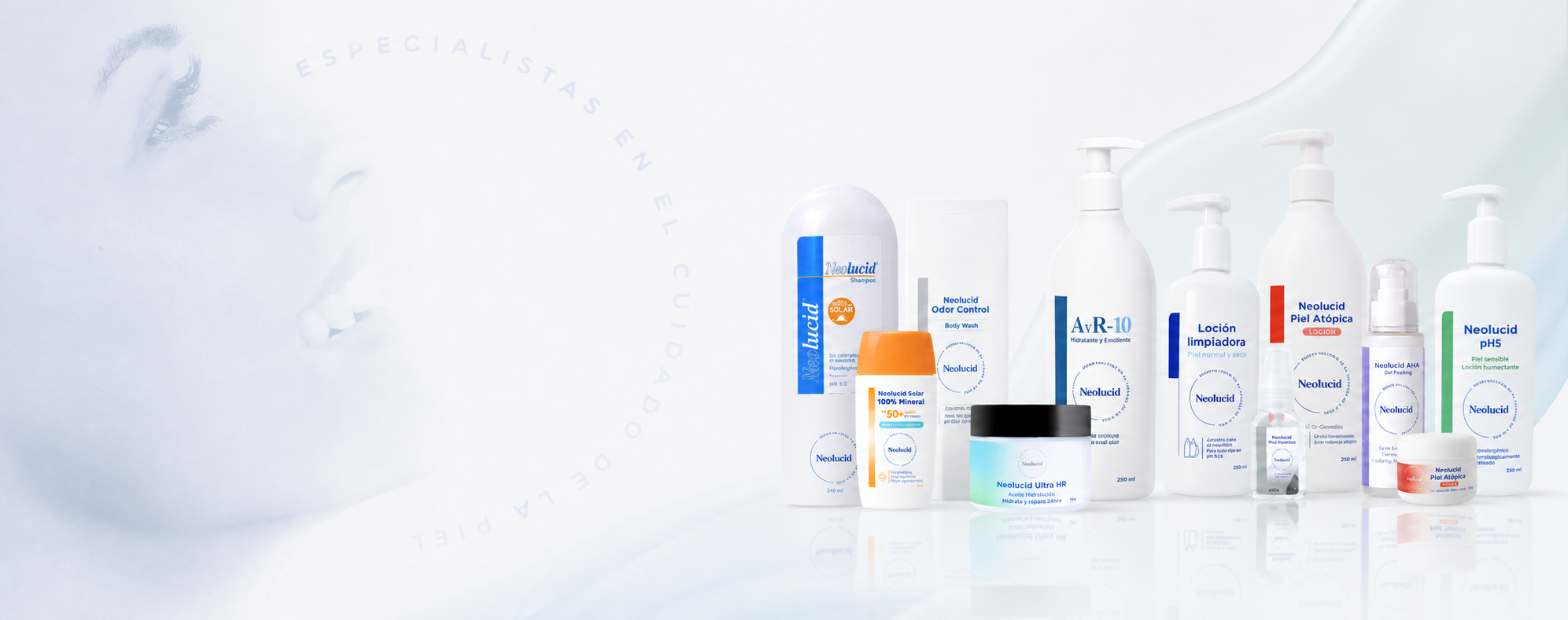 Línea de productos Neolucid sobre una composición dermocosmética clara